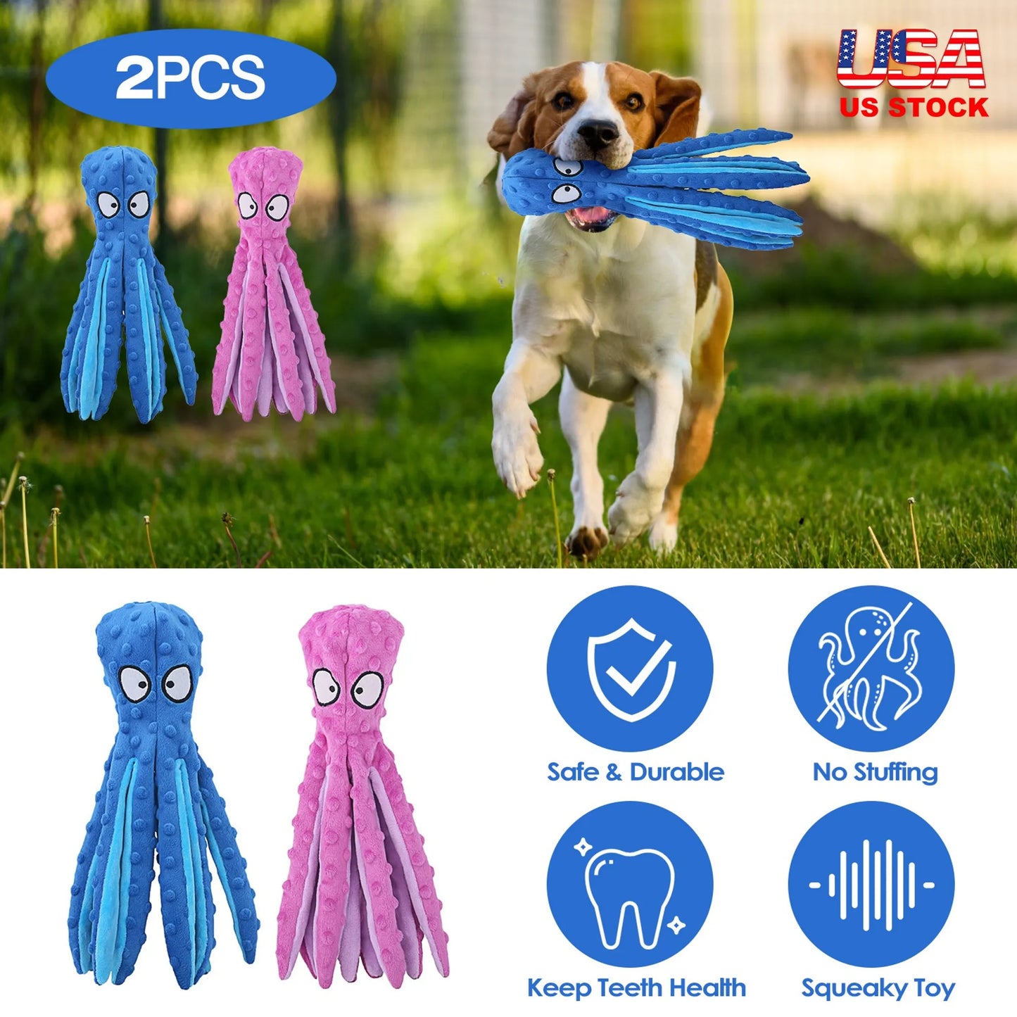 2Pcs Squeaky Dog Toys No Stuffing Crinkle Plush Octopus Dog Teething Toy
