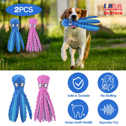 2Pcs Squeaky Dog Toys No Stuffing Crinkle Plush Octopus Dog Teething Toy