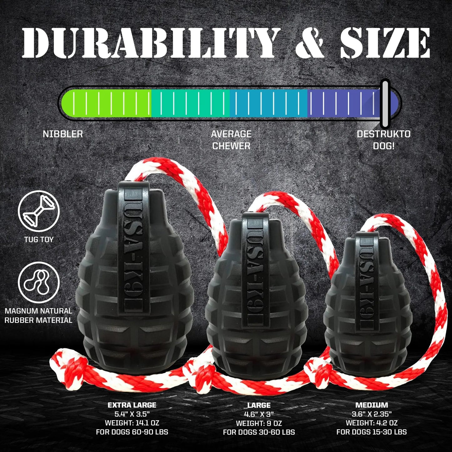 USA-K9 Magnum Grenade - Black Magnum Rubber Chew Toy